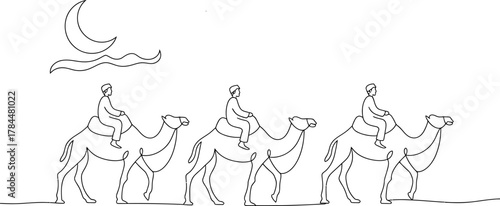 Elegant continuous line drawing of three people riding camels under a crescent moon at night, depicting a classic desert journey or caravan voyage.