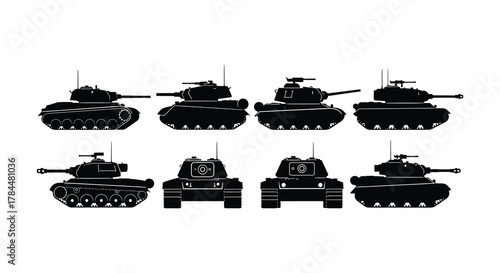 A collection of black silhouette tank designs arranged in rows and columns