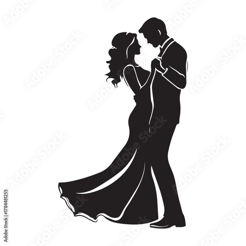 Romantic silhouette of a bride and groom embracing tenderly on their wedding day in a classic elegant pose silhouette