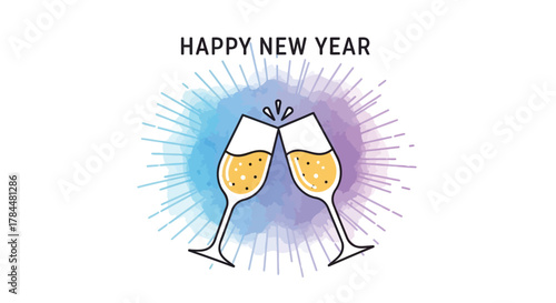 Happy new year celebration with two champagne glasses clinking together against a colorful watercolor splash background