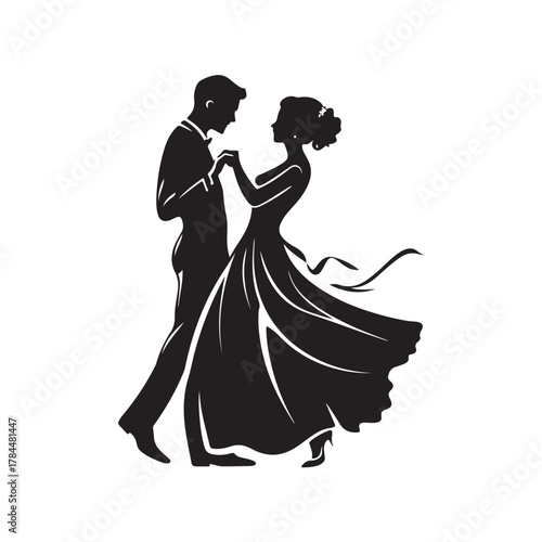 Romantic silhouette of a bride and groom embracing tenderly on their wedding day in a classic elegant pose silhouette