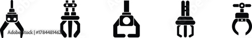 Grabber Robotic Arm Icon Set, Industrial Claw, Mechanical Hand, Automation Tool, Factory Robot, and Engineering Machine Symbol Collection and Group Vector in Black Color Flat Style