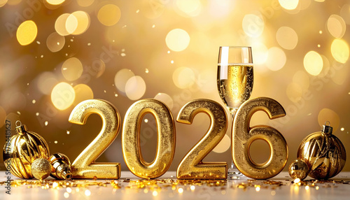 Golden 2026 numbers with festive decorations and champagne glass create celebratory New Year atmosphere. Sparkling lights and ornaments enhance joyful scene