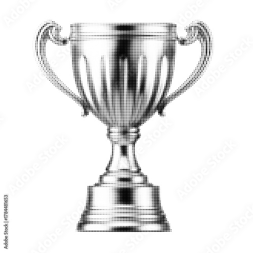 Halftone style trophy cup illustration. Vintage monochrome award symbol for success, competition, and victory concepts. Retro sport design element.