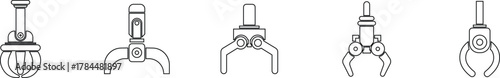 Grabber Robotic Arm Icon Set, Industrial Claw, Mechanical Hand, Automation Tool, Factory Robot, and Engineering Machine Symbol Collection and Group Vector in Black Color Line Style