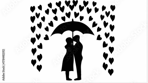 Romantic couple sharing a tender moment beneath an umbrella of hearts, celebrating love and connection