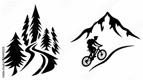 Mountain biker silhouette riding down a hill with trees, mountain peaks for outdoor adventure and nature designs