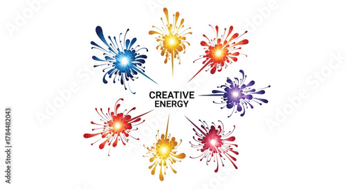 Abstract colorful paint splashes radiating outwards from a central text that says creative energy on a white background