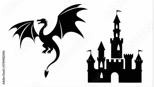 Majestic dragon soars above fantasy castle, a silhouette of adventure and imagination for storybooks and games
