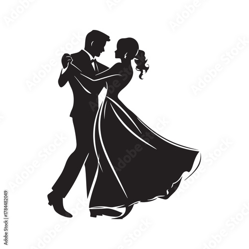 Romantic silhouette of a bride and groom embracing tenderly on their wedding day in a classic elegant pose silhouette