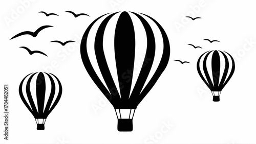 Whimsical hot air balloons soar with birds, a playful adventure in the sky, perfect for travel concepts