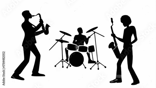 Dynamic jazz band silhouette, saxophone player, drummer and sax player create a vibrant musical performance show