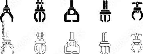 Grabber Robotic Arm Icon Set, Industrial Claw, Mechanical Hand, Automation Tool, Factory Robot, and Engineering Machine Symbol Collection and Group Vector in Black Color Flat and Line Style