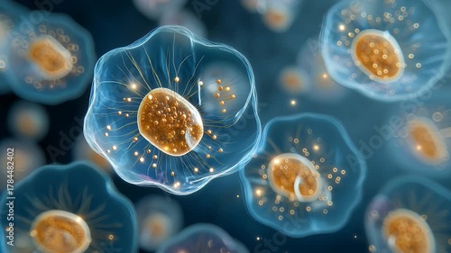 Microscopic glowing cell with nucleus and particles