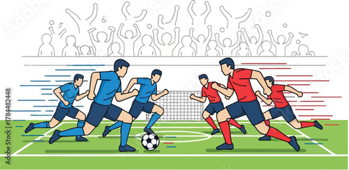 Exciting soccer championship match with red and blue teams playing on a green pitch with fans cheering in the stadium