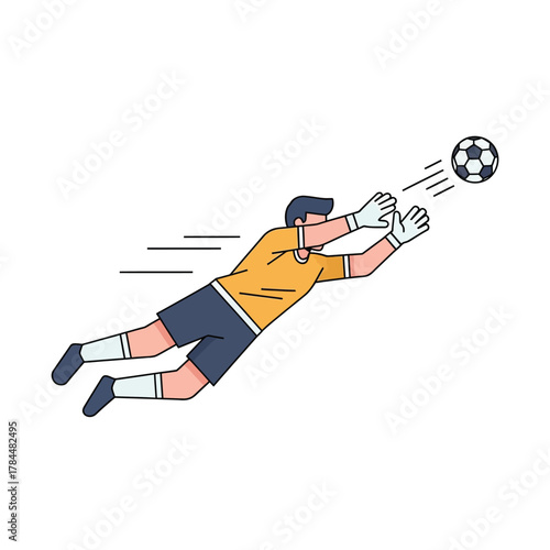Dynamic vector illustration of a soccer goalkeeper in mid-air, making a spectacular diving save to block the ball from the goal