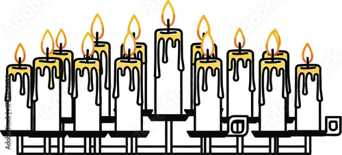 A candelabra with many lit candles, their wax dripping down sides
