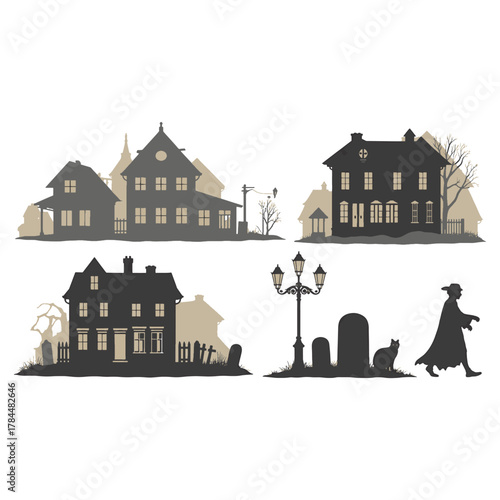 Dark silhouette houses and graveyard scene with cat and cloaked figure halloween building