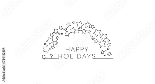 Minimalist line art design featuring a shower of stars forming an arch above the text happy holidays