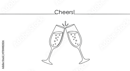 Simple line drawing of two champagne glasses clinking together with the word cheers above them celebrating a special occasion