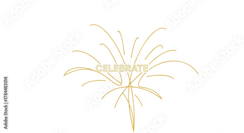Elegant gold line art fireworks graphic with the word celebrate in the center on a white background