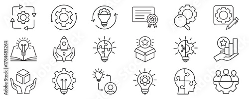 Innovation icon set. Containing idea, invention, creativity, concept, startup, agile, prototype, process, visionary and more. Outline icons vector collection.