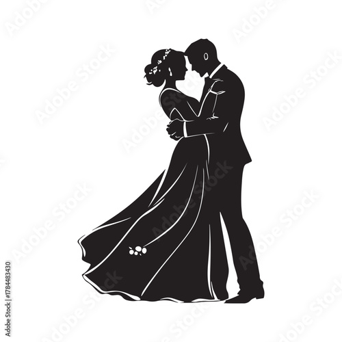 Romantic silhouette of a bride and groom embracing tenderly on their wedding day in a classic elegant pose silhouette