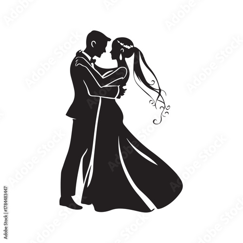 Romantic silhouette of a bride and groom embracing tenderly on their wedding day in a classic elegant pose silhouette