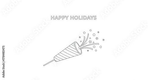 Minimalist line art illustration of a party popper exploding with confetti and stars above the text happy holidays
