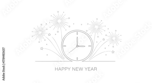 Minimalist line art illustration of a clock nearing midnight with fireworks and stars celebrating the happy new year