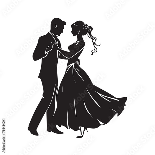 Romantic silhouette of a bride and groom embracing tenderly on their wedding day in a classic elegant pose silhouette