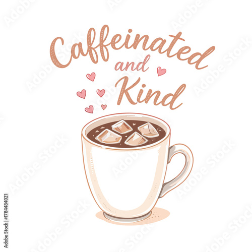 A charming illustration of a cup of iced coffee with a positive hand-lettered quote about being caffeinated and gentle, surrounded by hearts on a white background