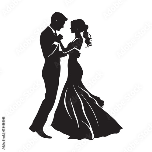 Romantic silhouette of a bride and groom embracing tenderly on their wedding day in a classic elegant pose silhouette