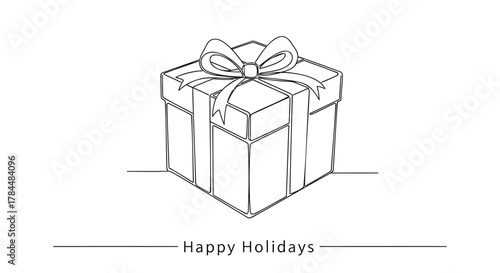 Minimalist single line drawing of a gift box with a bow and the text happy holidays below