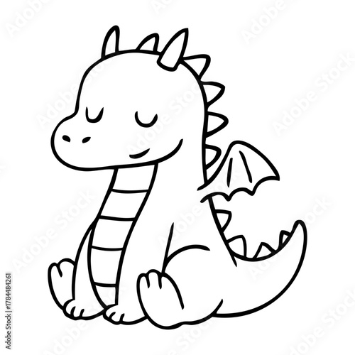 Dibujo sencillo con líneas de joven dragón simpático sentado 