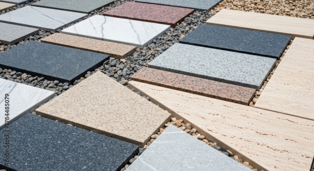 Fototapeta premium Assortment of stone tiles in varied colors and textures, arranged on gravel