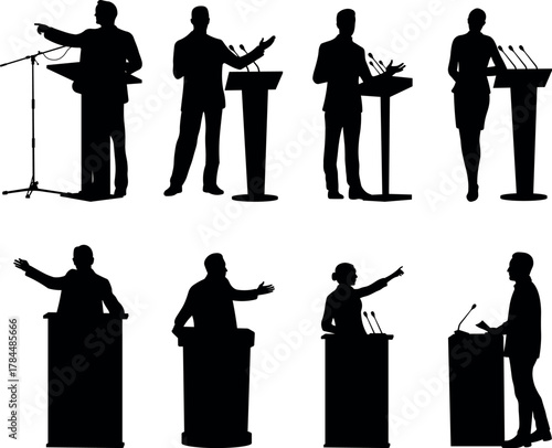 Silhouettes of people giving speeches at podiums