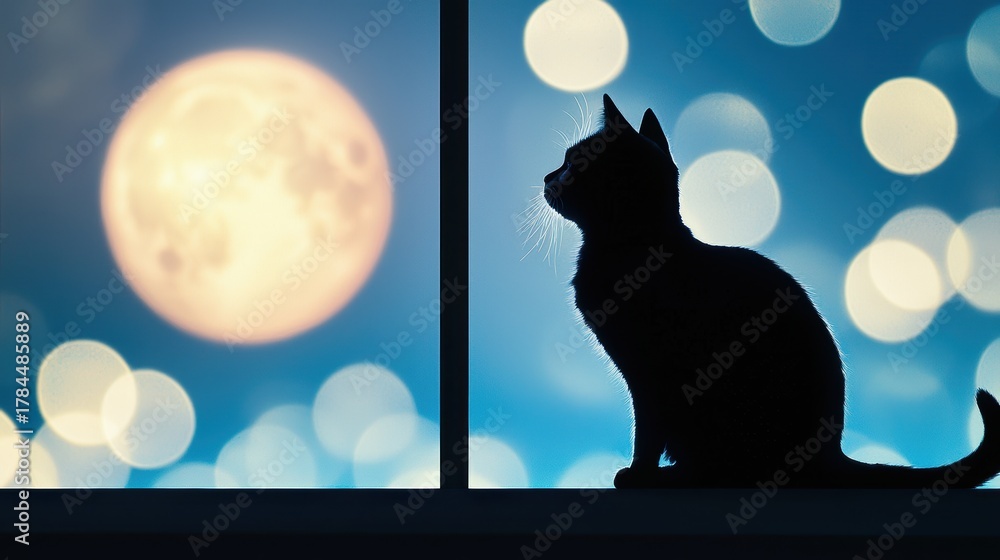 Fototapeta premium Black shadow of a cat on a rooftop, silhouetted against the moonlit sky.