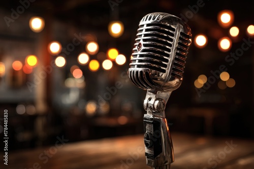 Vintage microphone on wooden table in dimly lit room.  Warm, soft lights blur background