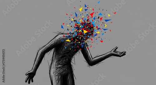 A Sketched Figures Mind Explodes into a Vibrant Chaos of Colorful Triangles.