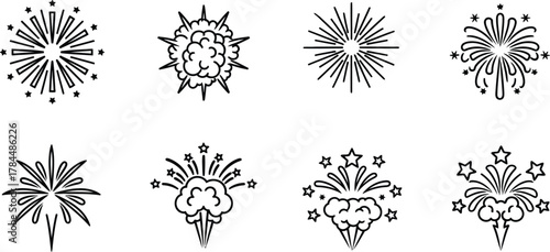 Collection of fireworks line art, perfect for adding a festive touch to your designs and celebrations