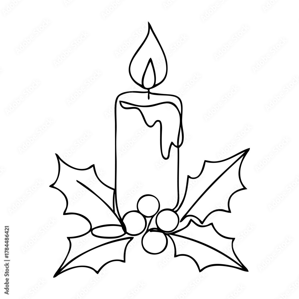Naklejka premium Logo con dibujo de línea continua de vela de cera encendida con hojas y bayas de acebo para tarjetas y felicitaciones de Navidad