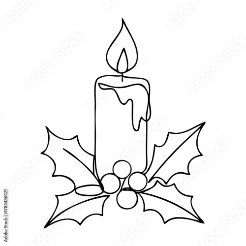 Logo con dibujo de línea continua de vela de cera encendida con hojas y bayas de acebo para tarjetas y felicitaciones de Navidad