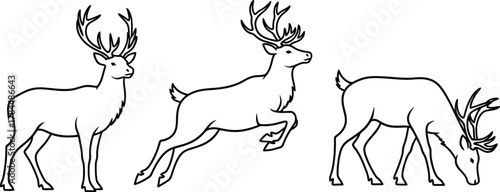 Illustration of three deer in different poses, standing, jumping, and grazing in black and drawing style