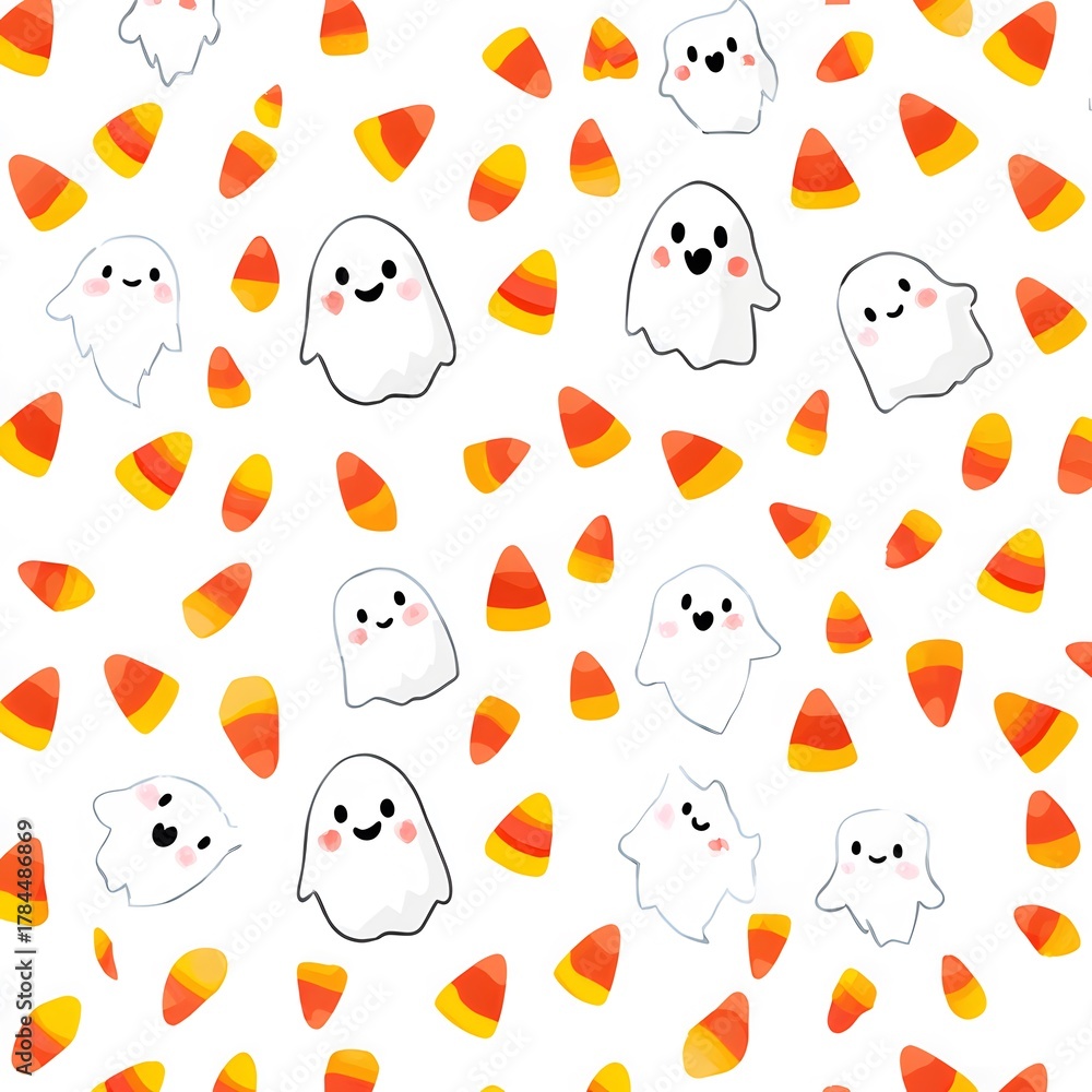 Naklejka premium Colorful Halloween Pattern with Cute Ghosts and Candy Corn Design