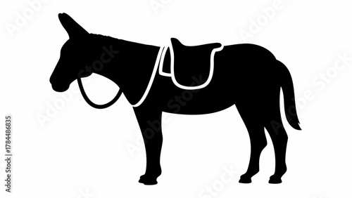 Silhouette of a donkey with a saddle and bridle standing on a white background in a simple illustration