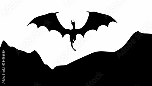 Silhouette of a dragon flying over a mountain range against a white background in a fantasy landscape