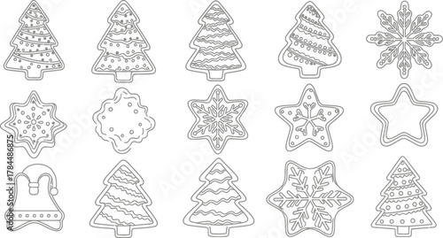 Collection of christmas gingerbread cookies in outline style set of christmas elements such as tree and star