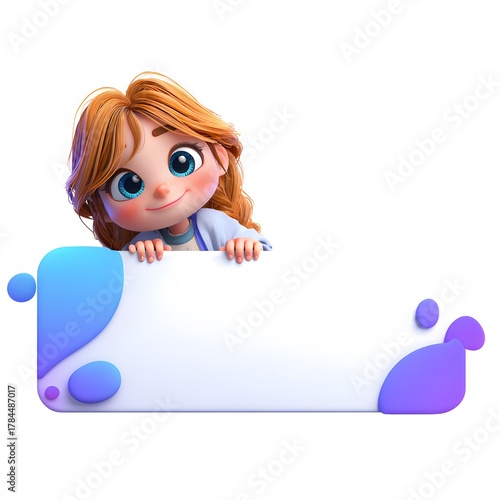 Cheerful Cartoon Girl Peeking Over Blank Space with Colorful Shapes