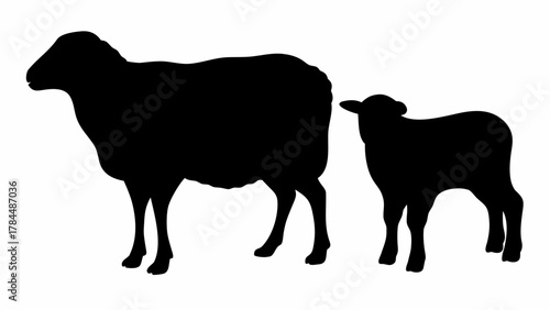Silhouette depiction of a sheep and a lamb standing side by side in a stark black and white image format